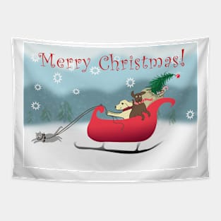 Dog and Cat Joyous Sleigh Ride Tapestry