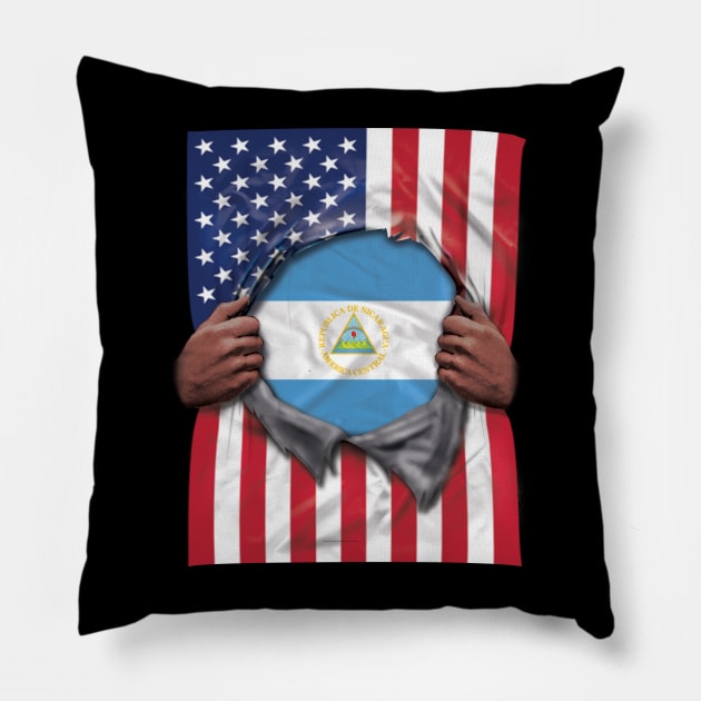 Nicaragua Flag American Flag Ripped - Gift for Nicaraguan From Nicaragua Pillow by Country Flags