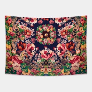 POPPIES,ROSES ,GREEN LEAVES,FLOWER CROWN,Art Nouveau Floral in Dark Blue Tapestry