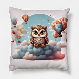 Owl on a Cloud with Hot Air Balloons Pillow