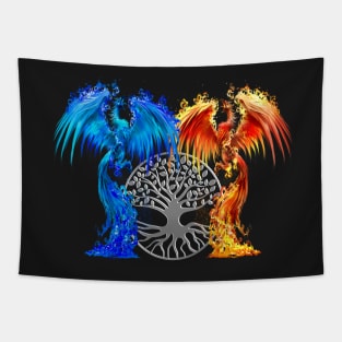 Fantasy Fire And Ice Phoenix Silver Tree Of Life Tapestry