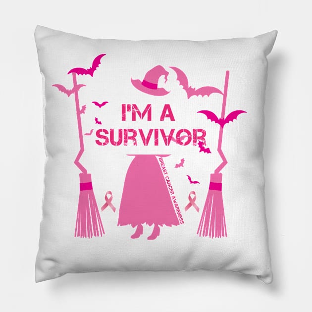 Womens I'm A Survivor Witch Halloween Breast Cancer Awareness Pillow by AorryPixThings