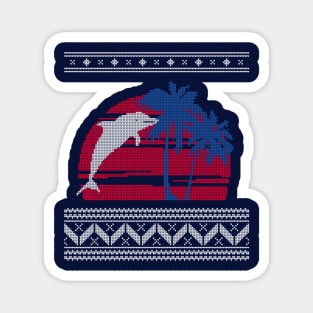 Blue and Red Palm Tree and Dolphin Ugly Christmas Sweater Design Magnet