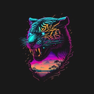 Retrowave Synthwave Tiger Head - 1980's Animal Print T-Shirt