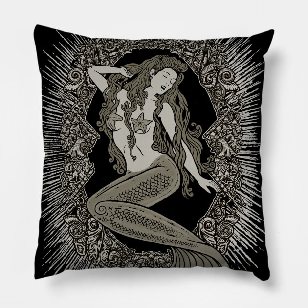 Neo Classic Mermaid Siren Sepia Pillow by Roberto Jaras Lira