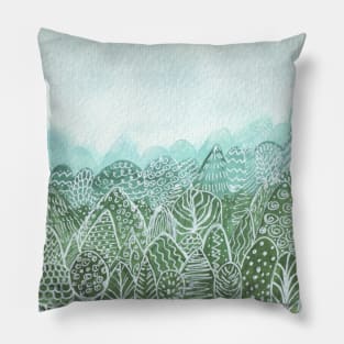 Misty forest landscape in green monochrome Pillow