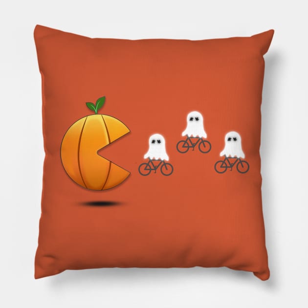 Funny Pumpkin Chasing Cute Ghost, Pumpkin Chasing Cyclist Boo, Pumpkin Eating Boo Ghost Pillow by BicycleStuff