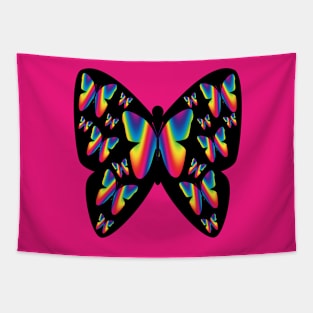 Psychedelic Rainbow Butterflies on Black Butterfly Shape Tapestry