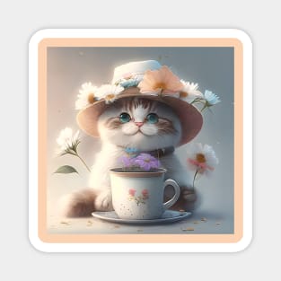 II.Cute cat in a hat with flowers and a cup of tea Magnet