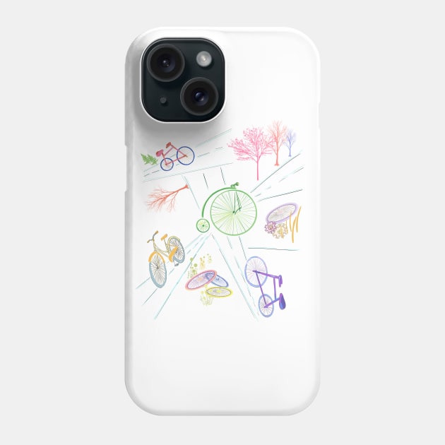 Bikes, streets, tires, trees in a simple design of pastel colors.  Car, share the road. Phone Case by Peaceful Pigments