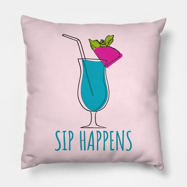 Tropical Blue Sip Happens Pillow by Retro Travel Design