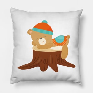 Autumn Bear, Sleeping Bear, Cute Bear, Tree Stump Pillow