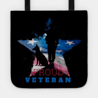 Proud Veteran with Star American Flag Soldier and Dog Tote