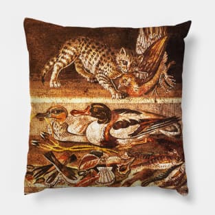 POMPEII ANIMALS,ANCIENT ROMAN MOSAICS ,WILD CAT WITH QUAIL,BIRDS,DUCKS AND FISHES Pillow