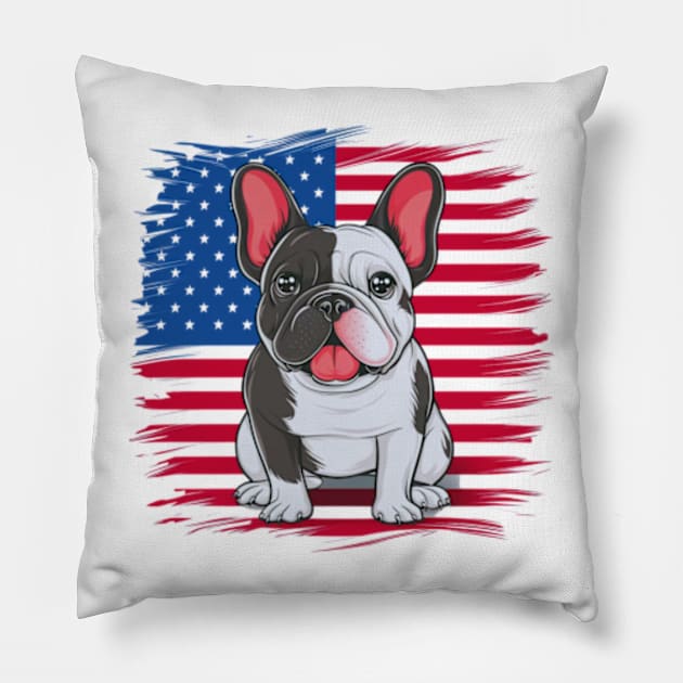 A cartoon French bulldog with American flag(2) Pillow by YolandaRoberts