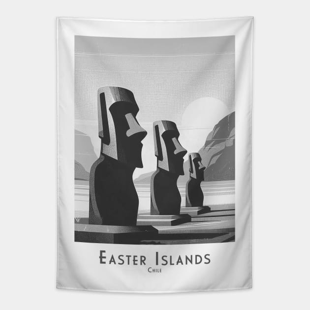 Mystical Easter Island Moai Statues - Chile in black and white Tapestry by POD24