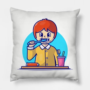 Cute Boy brushes teeth Cartoon Vector Icon Illustration Pillow