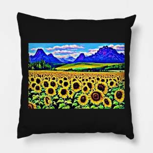 Field of Sunflowers Meadow Landscape with Mountains Pillow