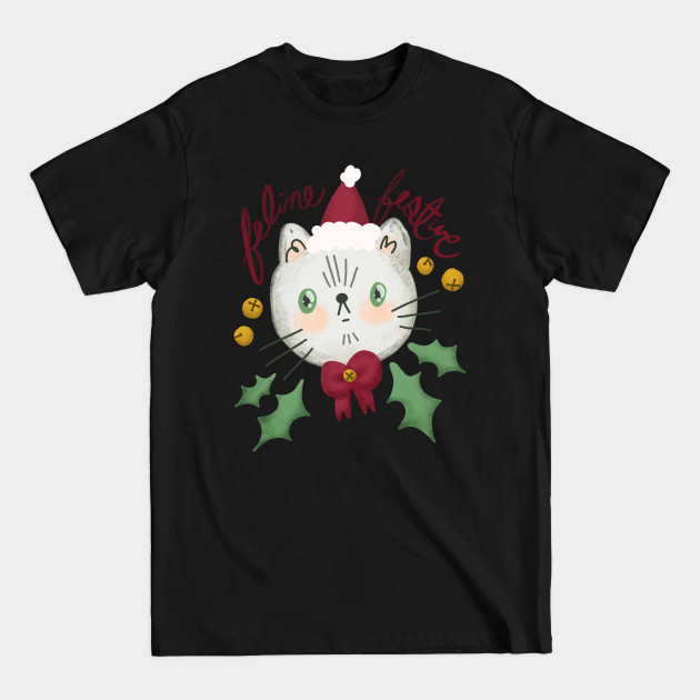 Discover Feline Festive - Christmas cat illustration with bells and holly - Christmas Sweater - T-Shirt