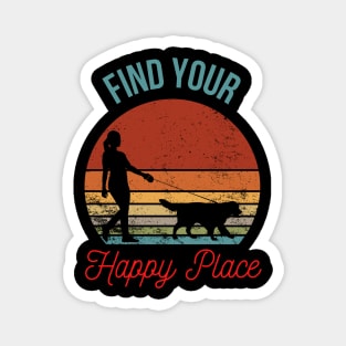 Find Your Happy Place: Silhouette of Girl Walking Dog with Retro Sunset Background Magnet