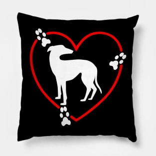 Greyhound White Red Hearts Paw Prints Pillow