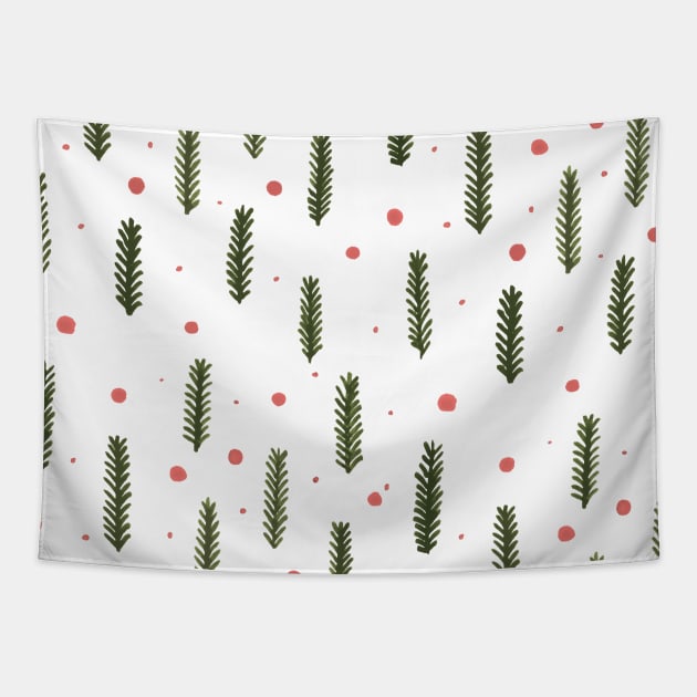 Christmas branches and dots - sap green and coral Tapestry by wackapacka