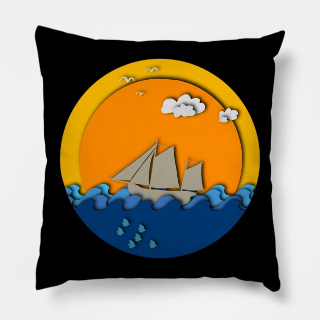 Sunset sailboat sailor sea cut paper effect Pillow by BurunduXX-Factory