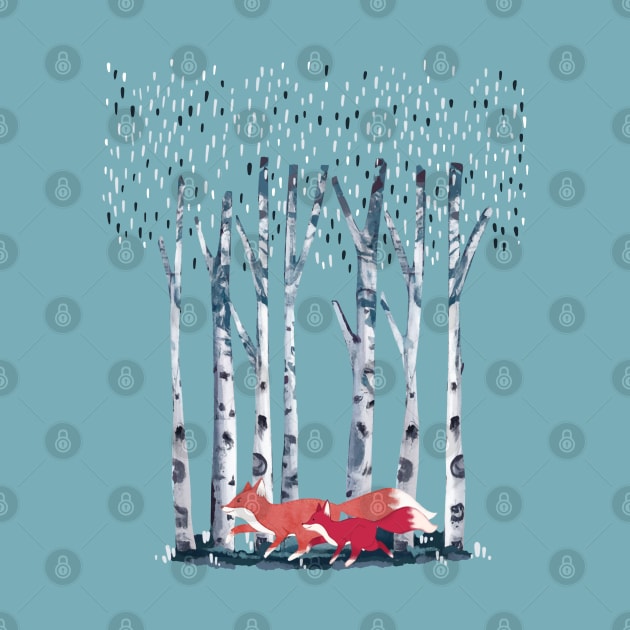 Forest Birches and fox with baby, outdoor and nature lovers, watercolor style by Collagedream