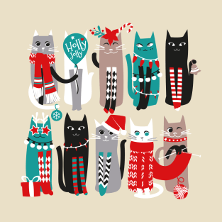 Feline Christmas vibes // print // dark teal background grey mint white brown and black kittens T-Shirt