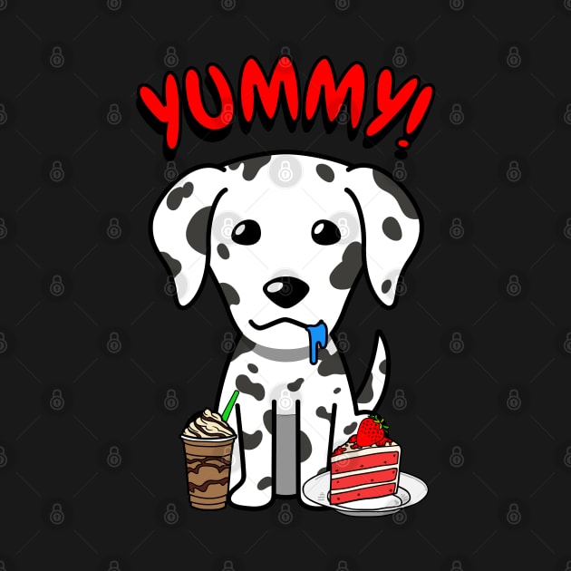 Cute dalmatian dog is having coffee and cake by Pet Station