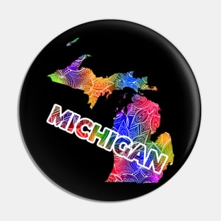 Colorful mandala art map of Michigan with text in multicolor pattern Pin