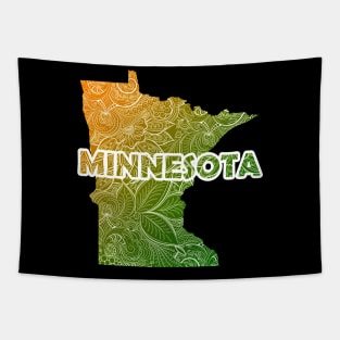 Colorful mandala art map of Minnesota with text in green and orange Tapestry