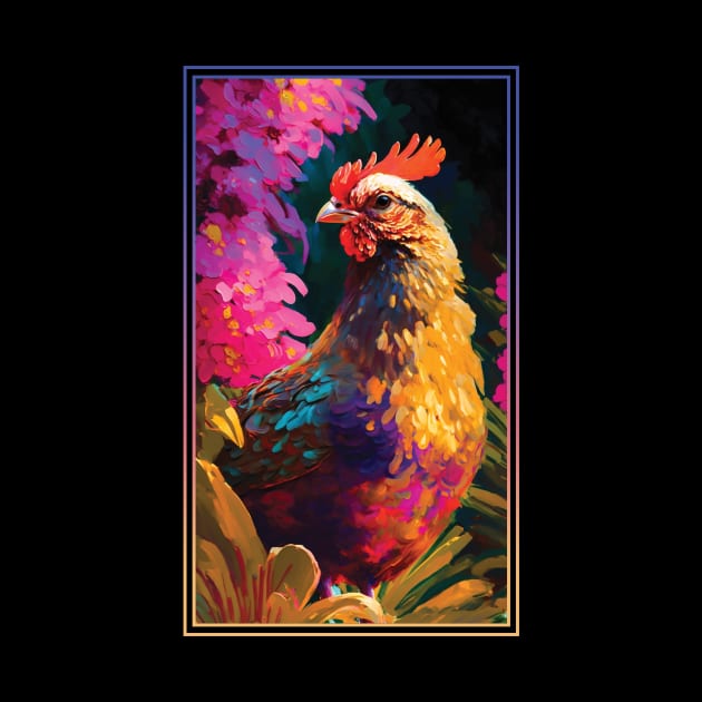 Chicken Rooster Vibrant Tropical Flower Tall Digital Oil Painting Portrait by ArtHouseFlunky