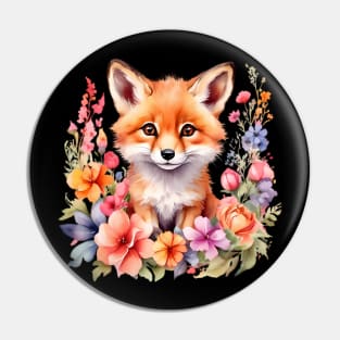 A red fox decorated with beautiful watercolor flowers Pin