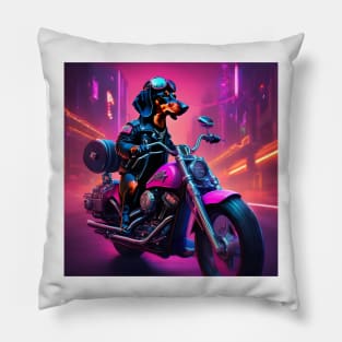 "Daring Dachshund's Motorbike Adventure: Black and Tan Ride" Pillow