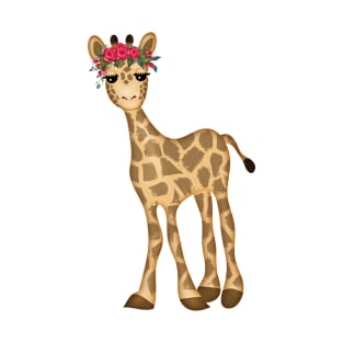 Baby Giraffe with Pink Floral Crown T-Shirt