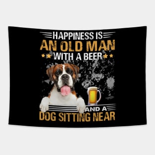 Happiness Is An Old Man With A Beer And A Boxer Dog Sitting Near Tapestry