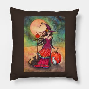 October Moon Witch and Cat Fantasy Art Illustration Pillow