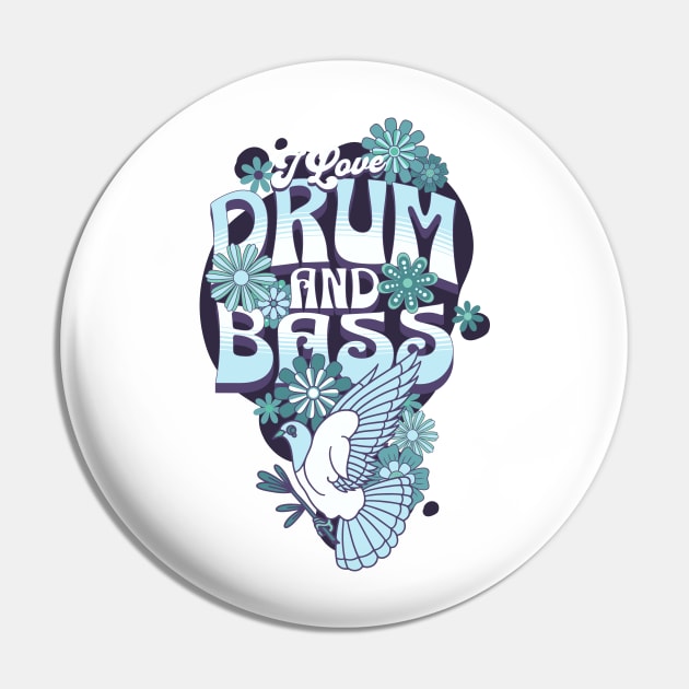 DRUM AND BASS - I Love Retro Bird (blue/eggplant) Pin by DISCOTHREADZ 