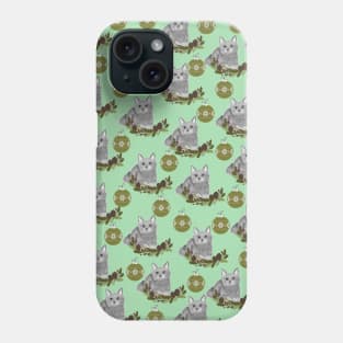 Grey Cat Pattern with Green Ornaments Phone Case