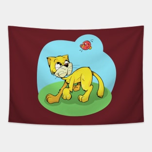 Funny Cat and Red Sparrow Tapestry