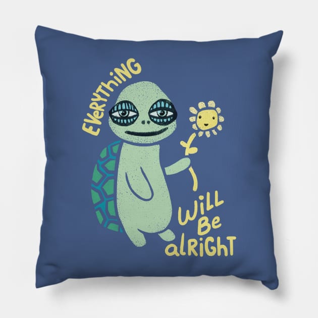 Everything Will Be Alright Turtle Holding Flower Pillow by rainingdrawps