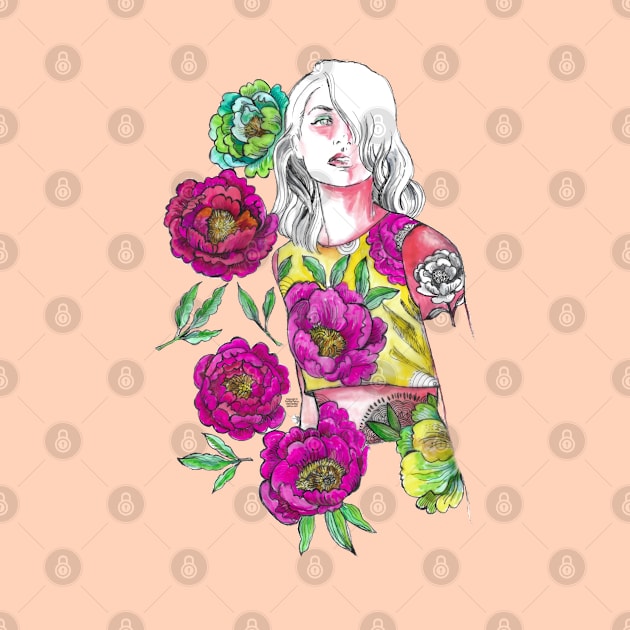 Woman With White Hair - Fashion Illustration with Pink Flowers. by FanitsaArt