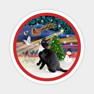 "Christmas Magic" with a Black and White Tuxedo Cat Magnet