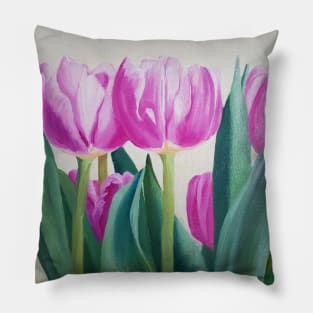 Pink Spring Tulips - oil painting Pillow