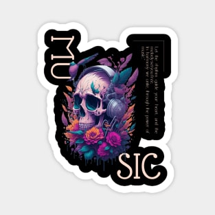 Beautiful music victor illustration design, dead skull listen to music flowers design Magnet