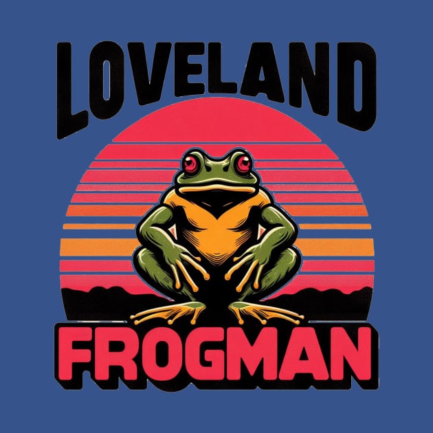 Loveland Frogman Retro Sunset Design by TeeTrendz