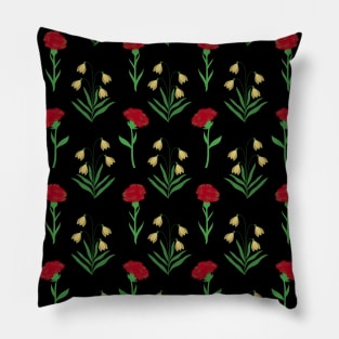 Carnation and Snowdrop Flowers Pattern in Black Pillow