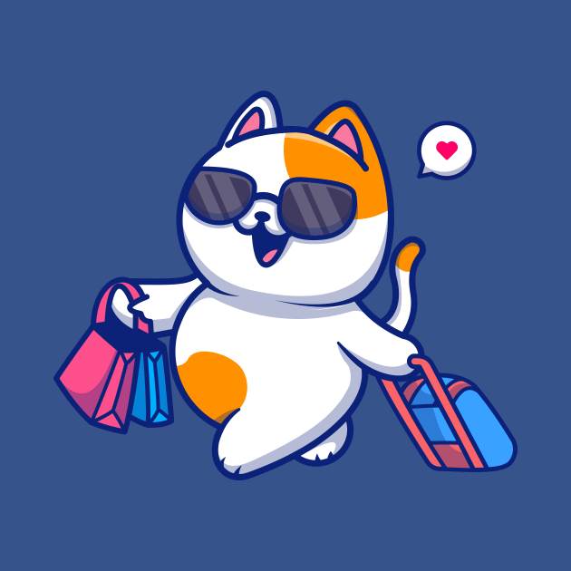 Cute Cat Traveling With Suitcase And Bag Cartoon by Catalyst Labs