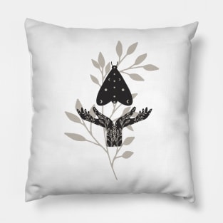 Watercolor Black Moth Crescent Moon Wings Held by Cupped Silhouette Hands With Wildflower Tattoos Flies across watercolor wildflowers Pillow